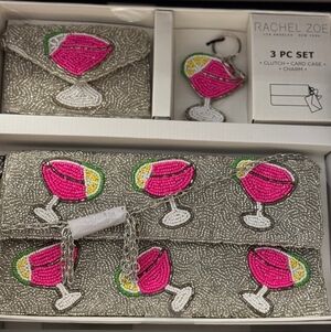 NWT Rachel Zoe Silver and Pink Beaded Clutch, Card Case And Charm Set